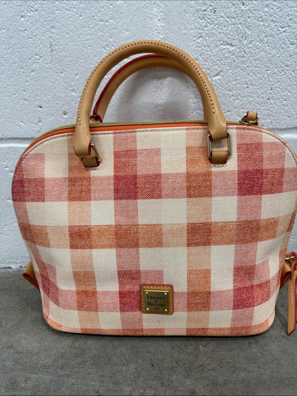 Dooney & Bourke Orange and Cream Plaid Satchel with Tan Trim